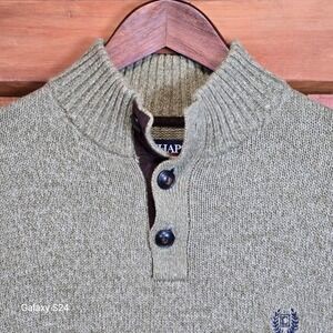 Chaps Mens Sweater Green Heathered Mock Neck Button Chest Logo Elbow Patches M